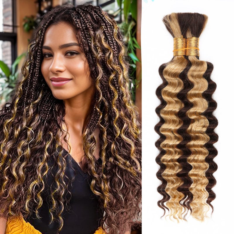 427 Honey Blonde Human Braiding Hair Deep Wave BulkHighlight No Weft Curly Hair Extensions for Boho Braids Wet and Wavy Braiding Human Hair Bundles14inch427100g